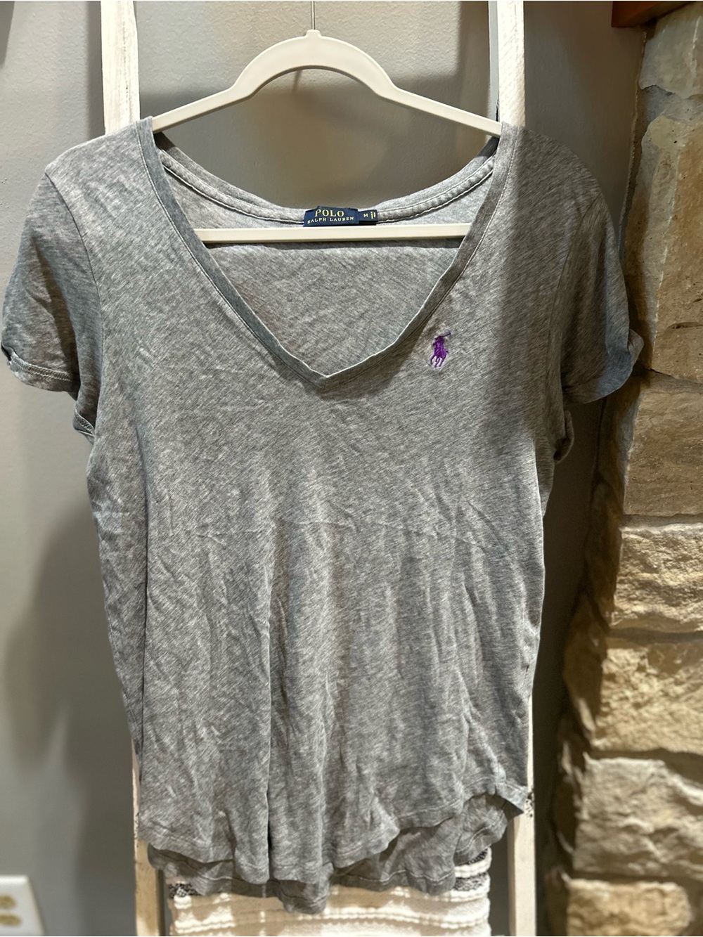 Ralph Lauren Heather Gray V-Neck Tee with Purple Pony